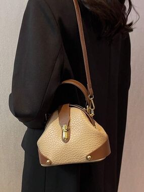 Structured Pebbled Dome Crossbody Bag in Beige and Brown